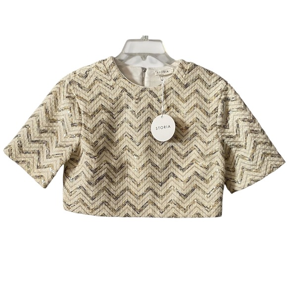 Storia Tops - Storia Anthropologie Textured Chevron Sequin Crop Top Zippered Back Size Small